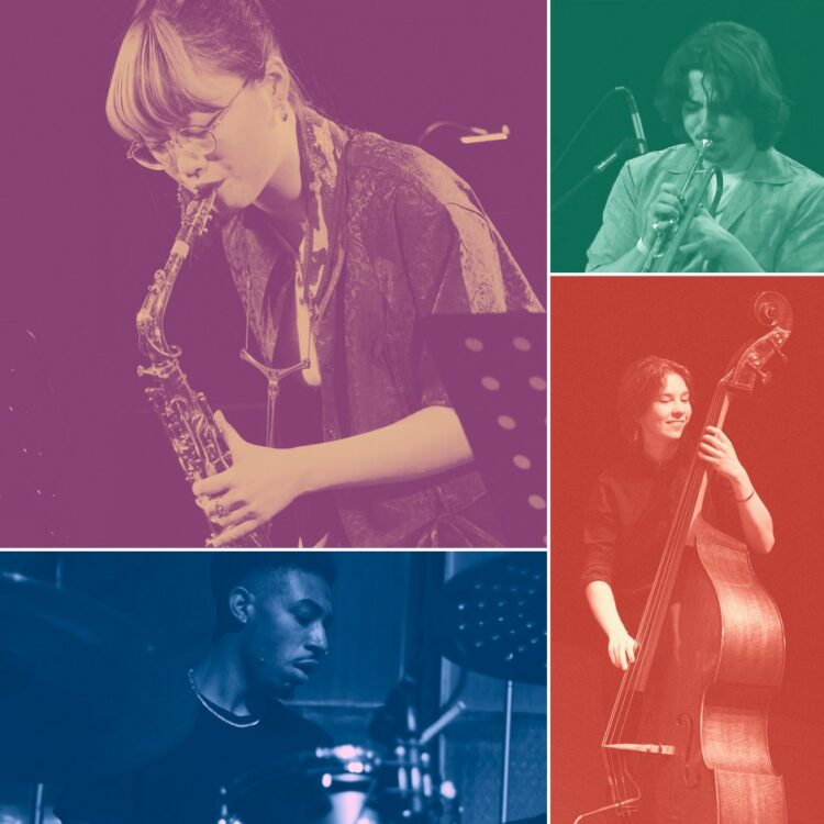 Collage of Berklee Institute of Jazz and Gender Justice Quartet members performing separately