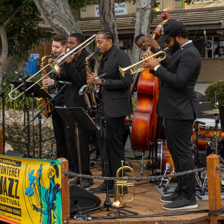 Members of North Carolina Central University Combo I performing on stage at Monterey Jazz Festival
