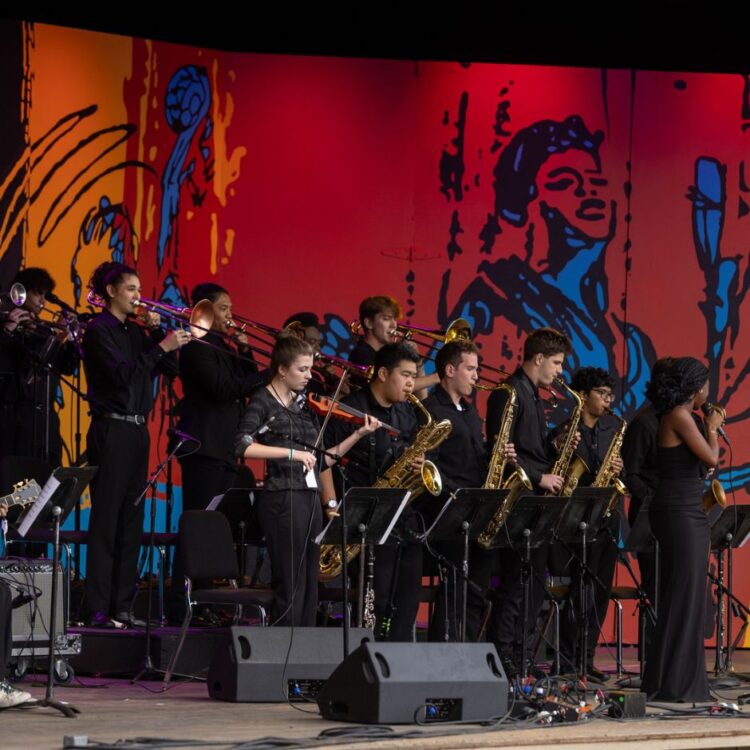 Members of the Next Generation Orchestra performing on stage