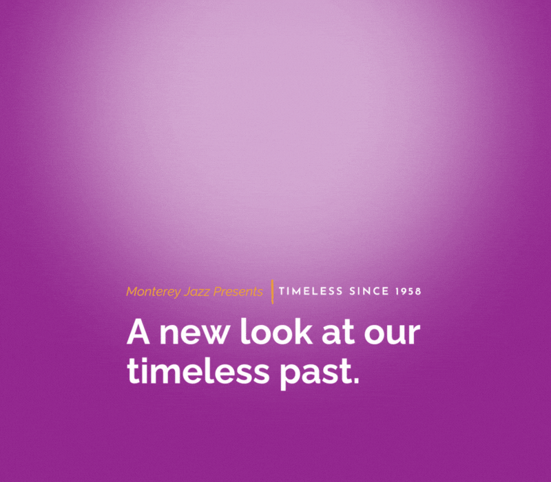 A wispy animation between the old Monterey Jazz Festival logo and the new Monterey Jazz logo on a purple background. Overlaid with the text 'A new look at our timeless past.'