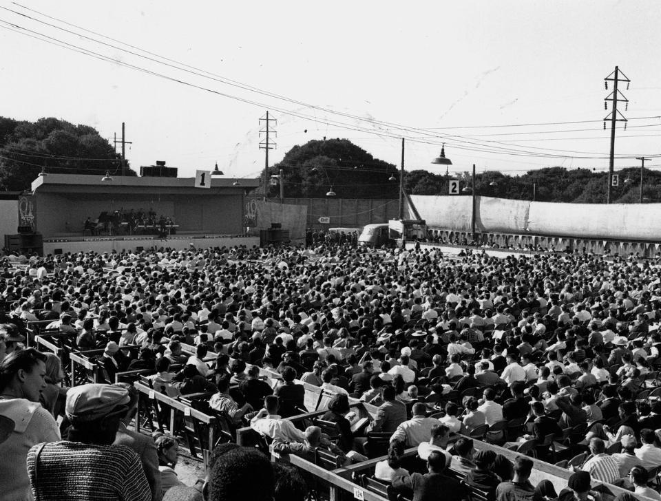 Monterey Jazz Festival arena in 1958, in black in white.