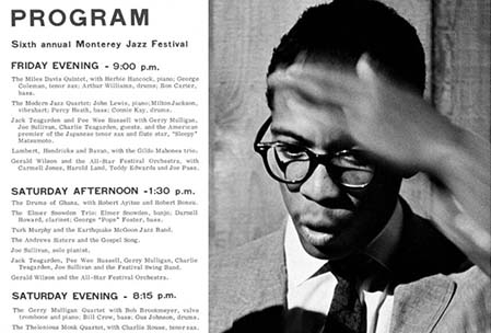 Program of the sixth annual Monterey Jazz Festival on the left, with a closeup of Herbie Hancook standing in front of a wooden wall on the right. In black and white.