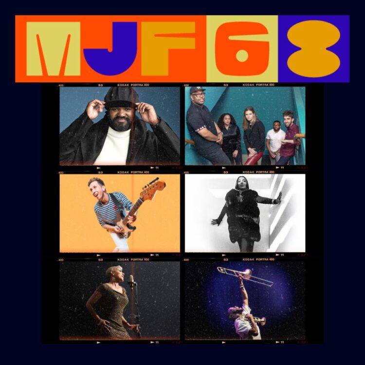 Collage of the MJF 68 festival logo on top, with portraits of the simulcast event performers below