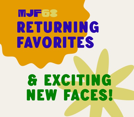 The text 'Returning Favorites & Exciting New Faces!' on top of bright shapes