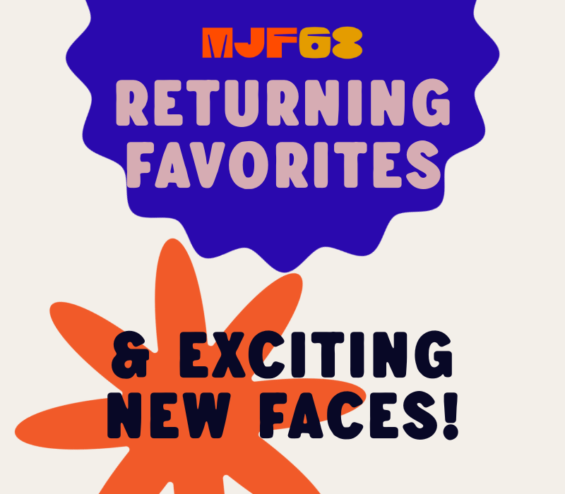 The text 'Returning Favorites & Exciting New Faces!' on top of bright shapes