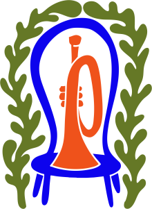 illustration of blue chair with orange trumpet bordered by seaweed on either side.